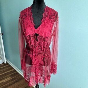 Elegant sheer lace kimono robe with bra and panty